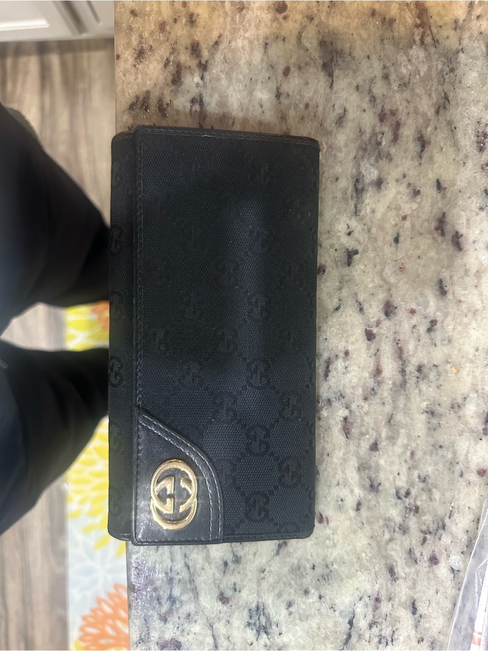 Gucci Black Canvas Continental Wallet with Gold GG Accent COA included